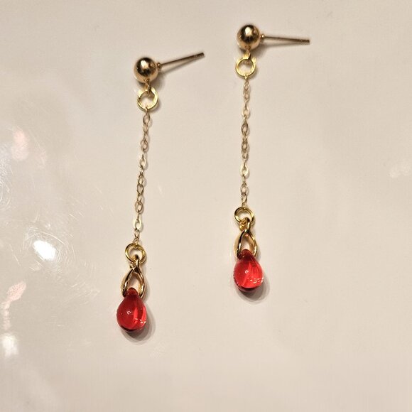 Dainty Red Smooth Teardrop Crystal Earrings with 14K Gold-Fill - Picture 3 of 4